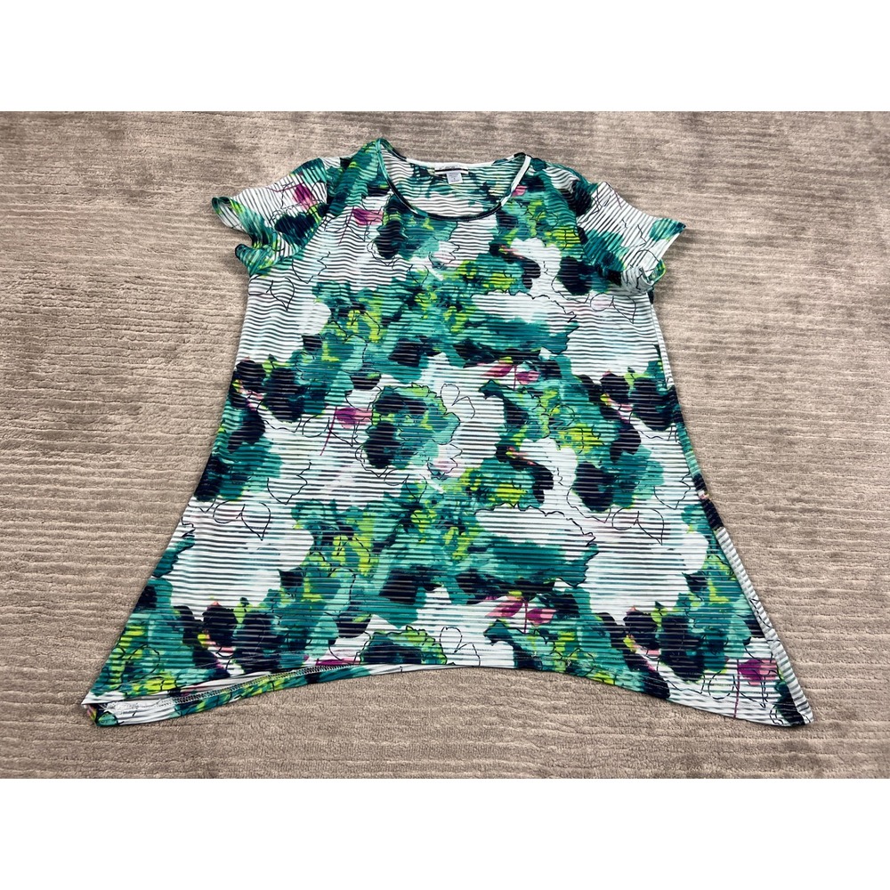 Mirror Image Tunic Womens XL Green Abstract Floral Stripe Sharkbite Hem Top